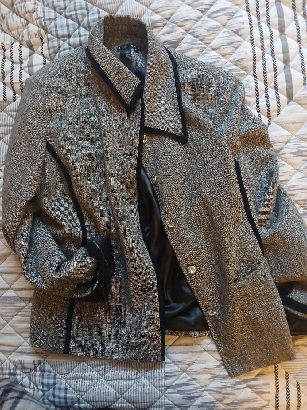 Spanner Gray Tweed Classic Women's Blazer Jacket with Black Trim Size 12